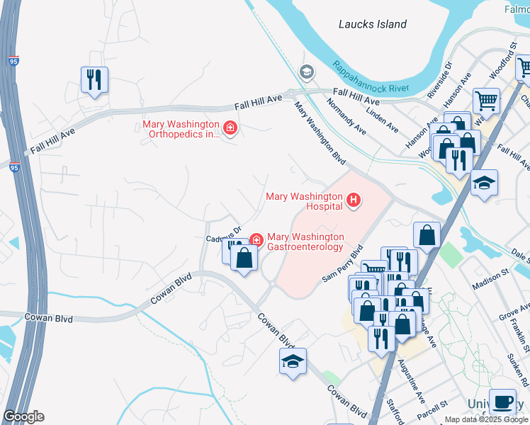 map of restaurants, bars, coffee shops, grocery stores, and more near 970 Cadmus Drive in Fredericksburg