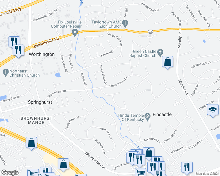 map of restaurants, bars, coffee shops, grocery stores, and more near 4662 Shenandoah Drive in Louisville