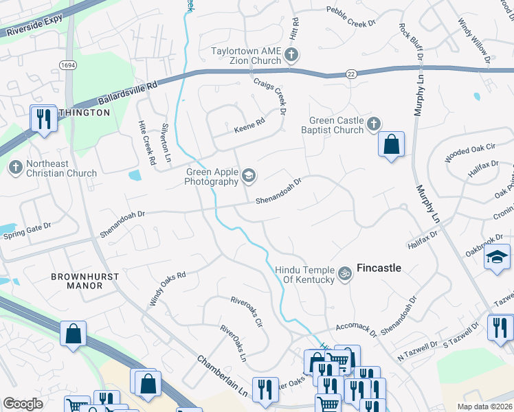 map of restaurants, bars, coffee shops, grocery stores, and more near 4661 Shenandoah Drive in Louisville