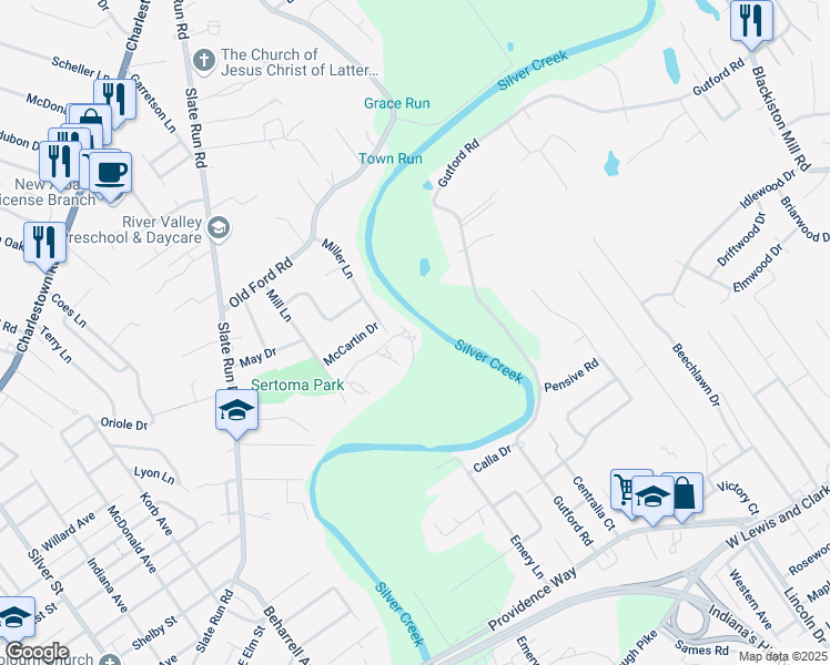 map of restaurants, bars, coffee shops, grocery stores, and more near Bellewood Drive in New Albany
