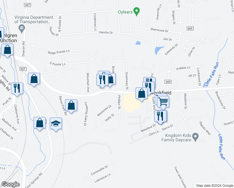 map of restaurants, bars, coffee shops, grocery stores, and more near 96 Phillips Street in Fredericksburg