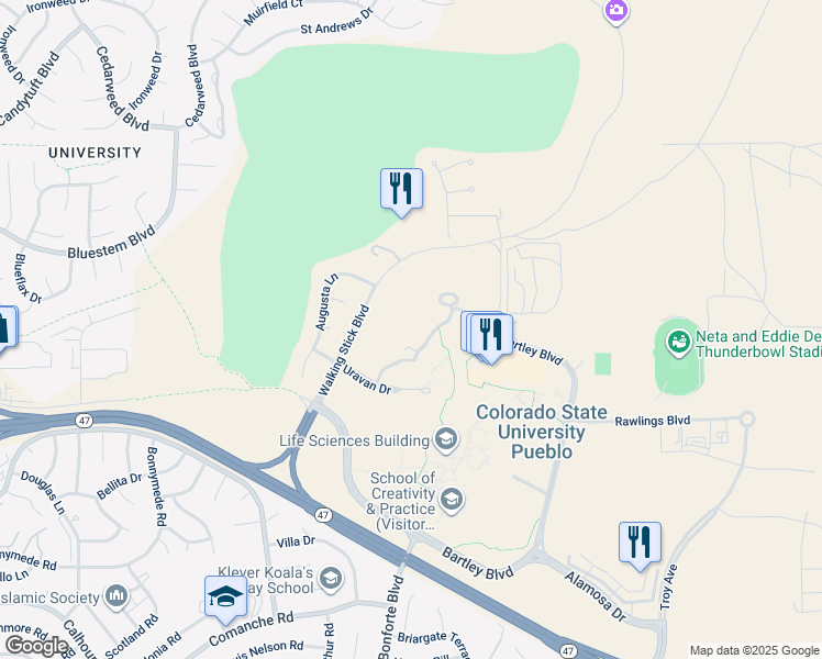 map of restaurants, bars, coffee shops, grocery stores, and more near 3582 Walking Stick Boulevard in Pueblo