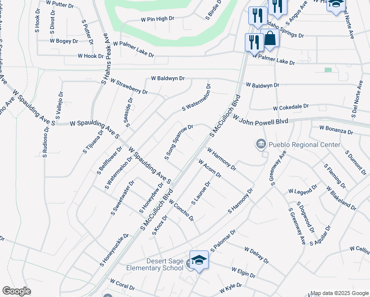 map of restaurants, bars, coffee shops, grocery stores, and more near 664 S Song Sparrow Dr in Pueblo