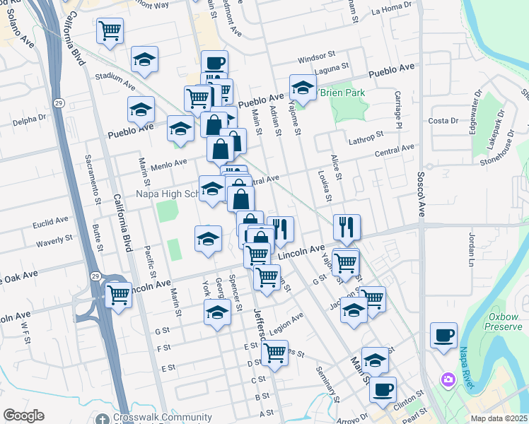 map of restaurants, bars, coffee shops, grocery stores, and more near 2302 Brown Street in Napa