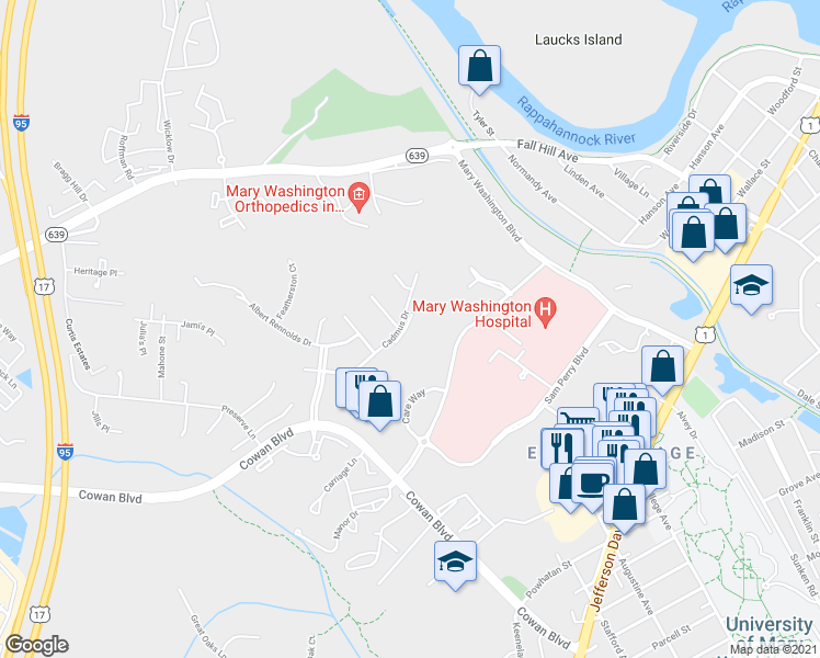 map of restaurants, bars, coffee shops, grocery stores, and more near 970 Cadmus Drive in Fredericksburg