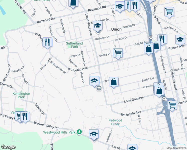 map of restaurants, bars, coffee shops, grocery stores, and more near 2324 Bueno Street in Napa