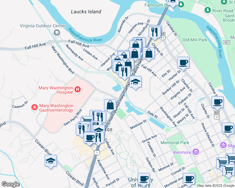 map of restaurants, bars, coffee shops, grocery stores, and more near 591 Jefferson Davis Highway in Fredericksburg