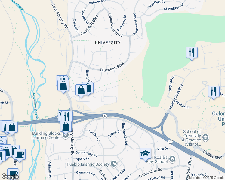 map of restaurants, bars, coffee shops, grocery stores, and more near 935 Village Circle in Pueblo