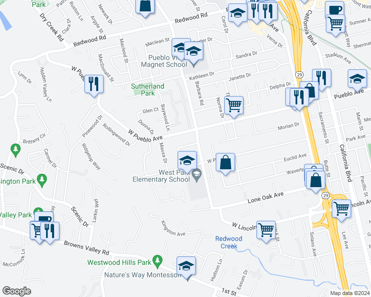 map of restaurants, bars, coffee shops, grocery stores, and more near 2321 Bueno Street in Napa