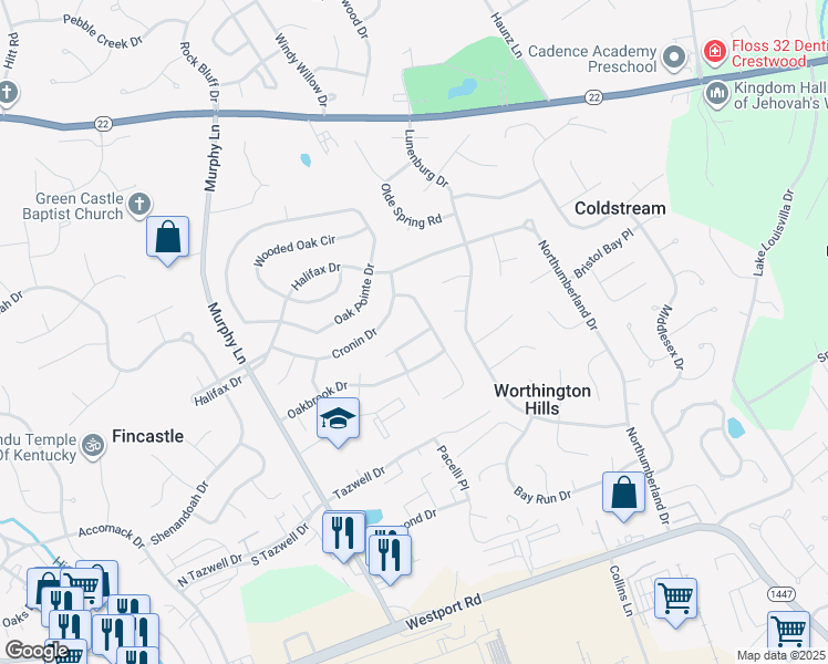 map of restaurants, bars, coffee shops, grocery stores, and more near 5117 Rising Oak Court in Louisville