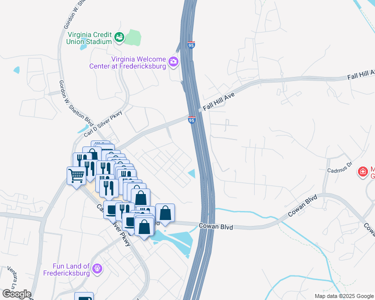 map of restaurants, bars, coffee shops, grocery stores, and more near 1160 Noble Way in Fredericksburg