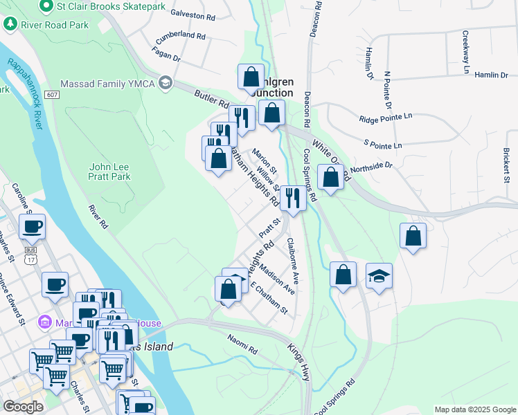 map of restaurants, bars, coffee shops, grocery stores, and more near 315 Burnside Avenue in Fredericksburg