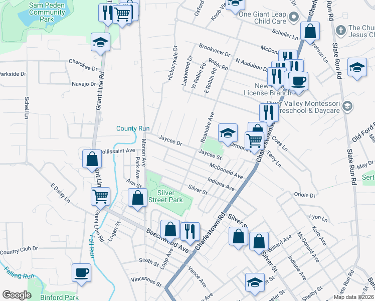 map of restaurants, bars, coffee shops, grocery stores, and more near 2024 Jaycee Drive in New Albany