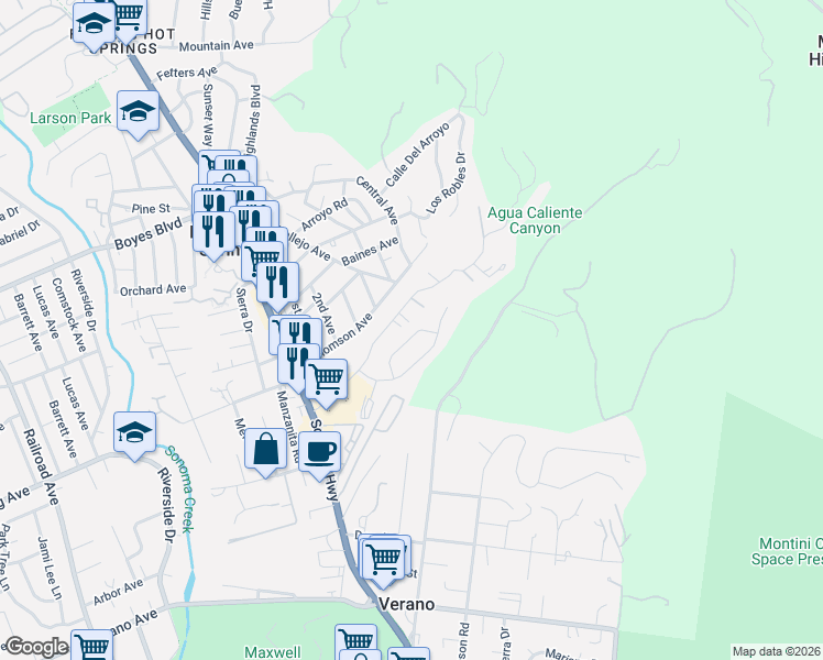 map of restaurants, bars, coffee shops, grocery stores, and more near 394 Siesta Way in Sonoma