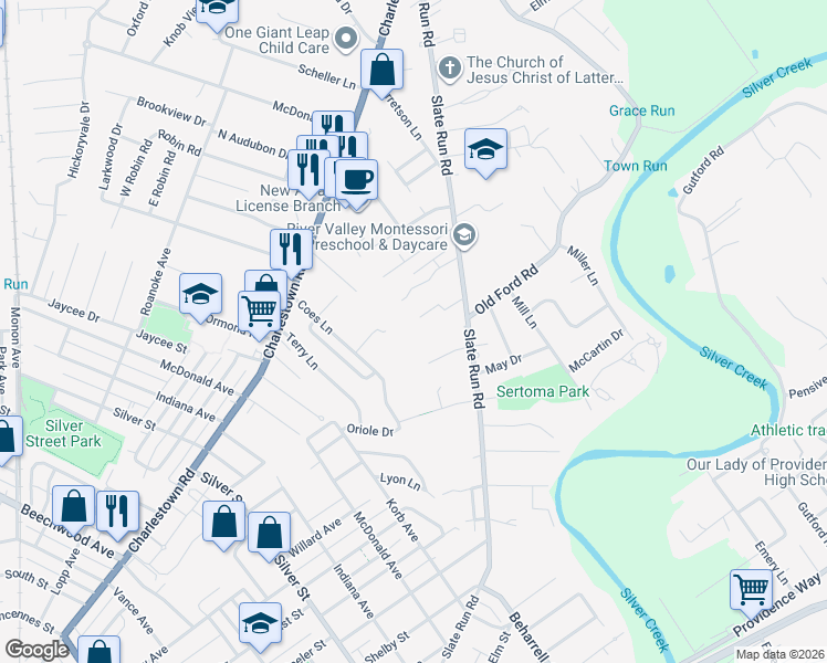 map of restaurants, bars, coffee shops, grocery stores, and more near 1415 Slate Run Road in New Albany