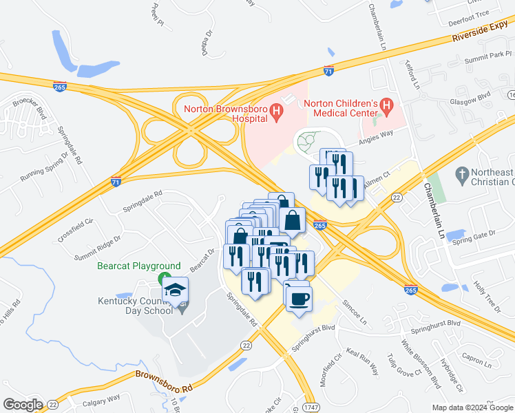 map of restaurants, bars, coffee shops, grocery stores, and more near 4805 Olympia Park Plaza in Louisville