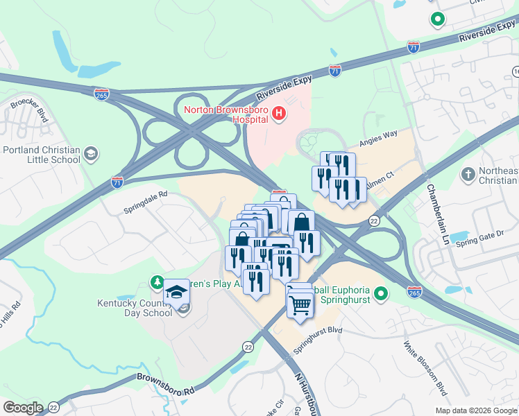 map of restaurants, bars, coffee shops, grocery stores, and more near 4805 Olympia Park Plaza in Louisville