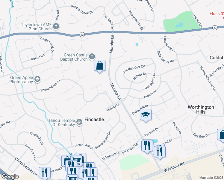 map of restaurants, bars, coffee shops, grocery stores, and more near 4512 Murphy Lane in Louisville