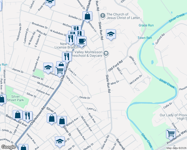 map of restaurants, bars, coffee shops, grocery stores, and more near 1415 Slate Run Road in New Albany