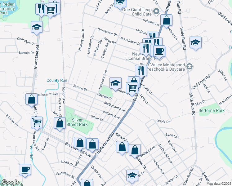 map of restaurants, bars, coffee shops, grocery stores, and more near 1725 Abbie Dell Avenue in New Albany
