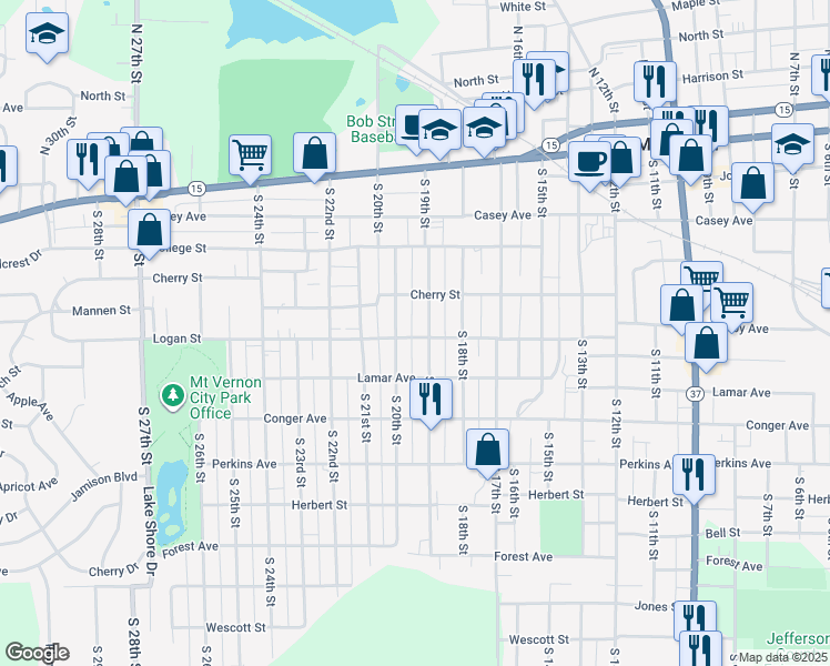 map of restaurants, bars, coffee shops, grocery stores, and more near 1904 Logan Street in Mount Vernon