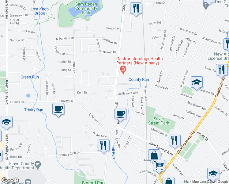 map of restaurants, bars, coffee shops, grocery stores, and more near 2408 Grant Line Road in New Albany