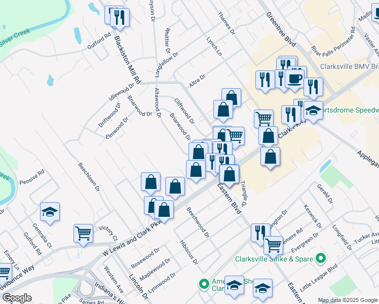 map of restaurants, bars, coffee shops, grocery stores, and more near 1512 Altawood Drive in Clarksville