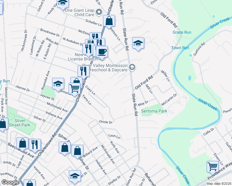 map of restaurants, bars, coffee shops, grocery stores, and more near 1417 Slate Run Road in New Albany