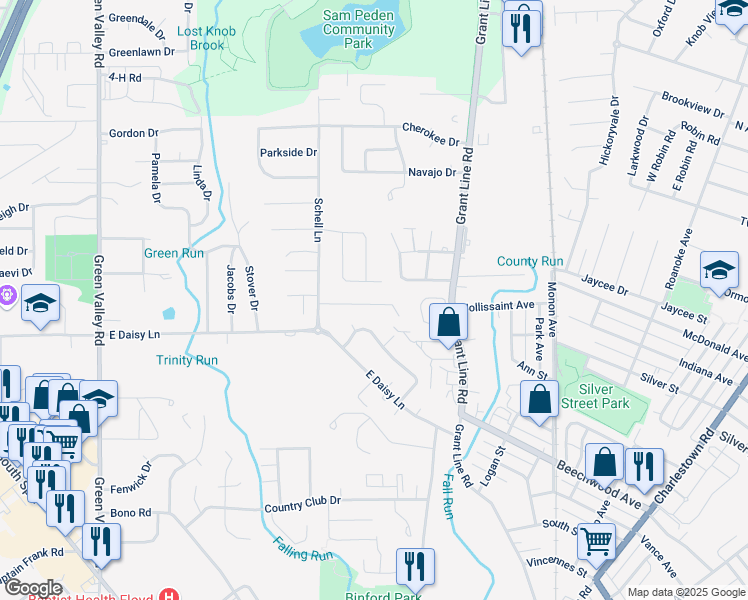 map of restaurants, bars, coffee shops, grocery stores, and more near 603 Kent Drive in New Albany