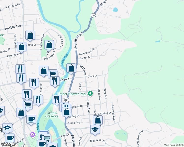 map of restaurants, bars, coffee shops, grocery stores, and more near 1042 Clark Street in Napa