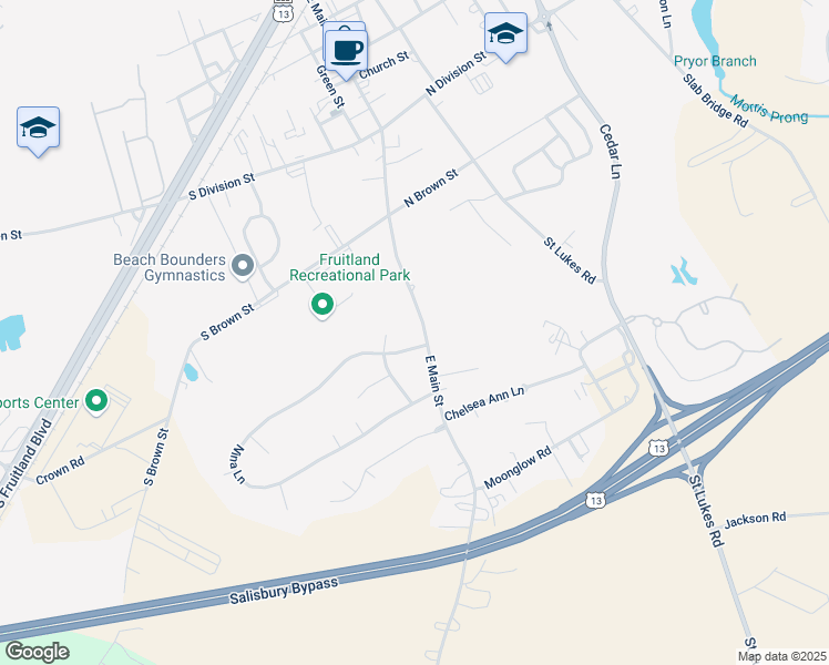 map of restaurants, bars, coffee shops, grocery stores, and more near 602 East Main Street in Fruitland