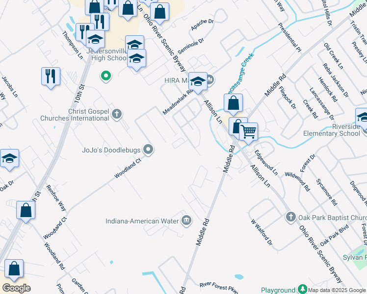 map of restaurants, bars, coffee shops, grocery stores, and more near 2002 Paddle Wheel Court in Jeffersonville