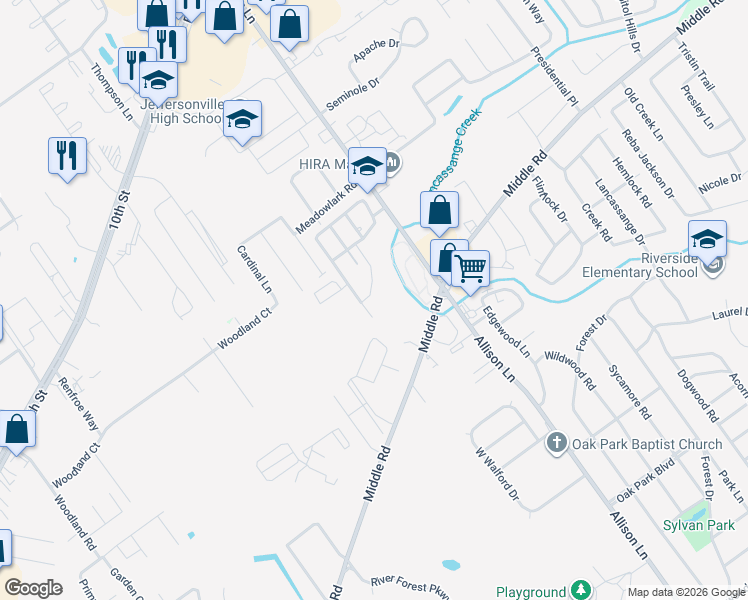 map of restaurants, bars, coffee shops, grocery stores, and more near 2099 Steamboat Way in Jeffersonville