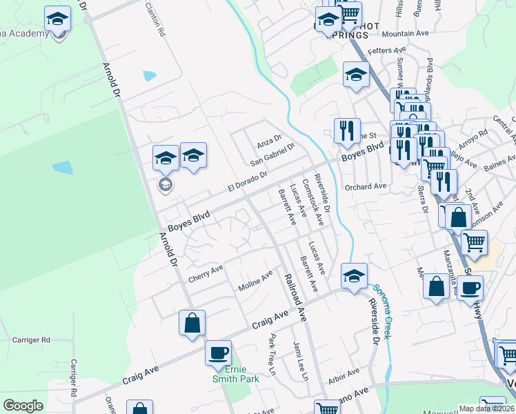 map of restaurants, bars, coffee shops, grocery stores, and more near 583 Davidson Street in Sonoma