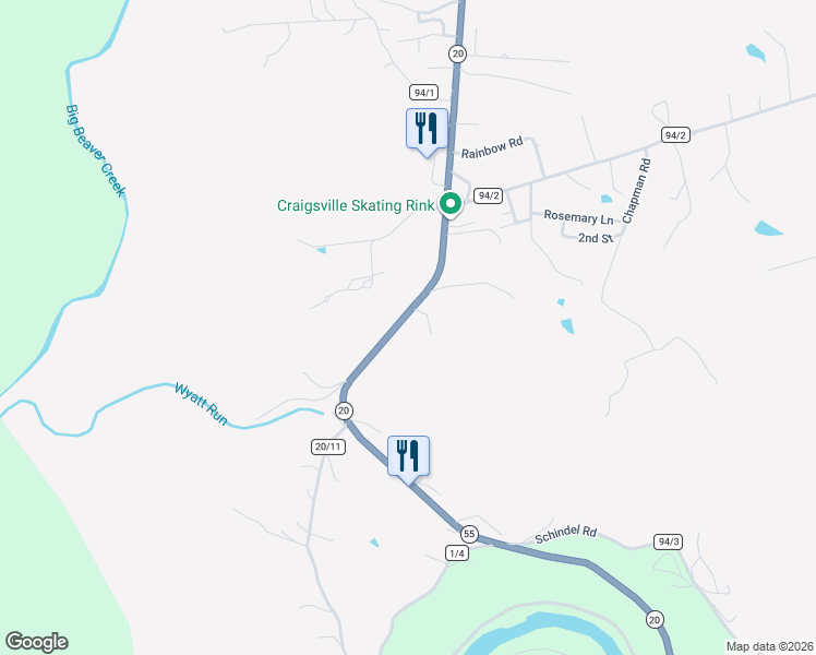 map of restaurants, bars, coffee shops, grocery stores, and more near 1354 Craigsville Road in Craigsville