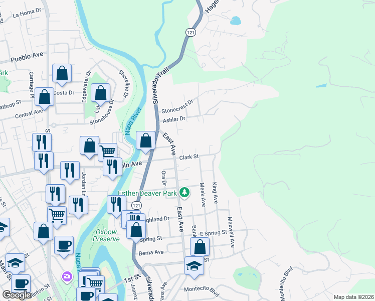 map of restaurants, bars, coffee shops, grocery stores, and more near 1042 Clark Street in Napa