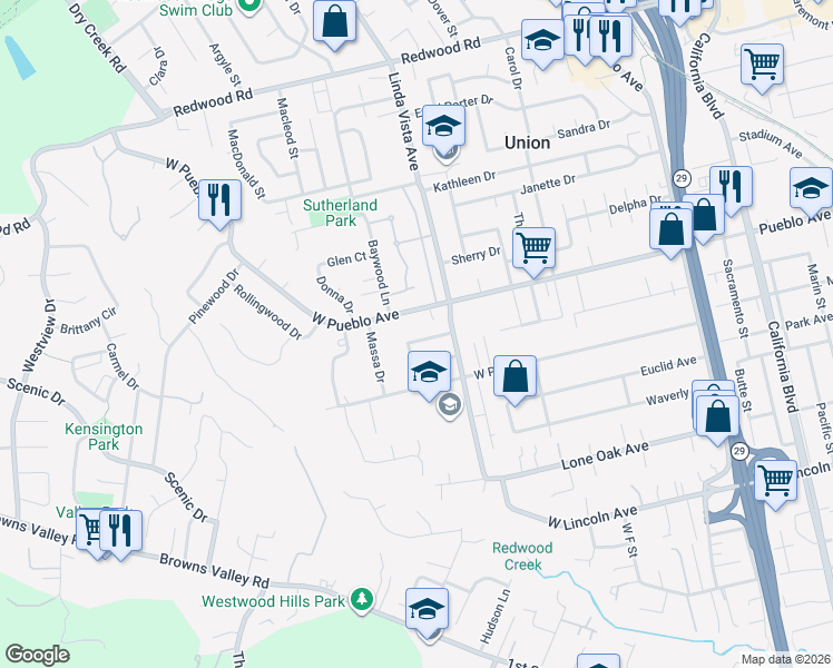 map of restaurants, bars, coffee shops, grocery stores, and more near 2324 Bueno Street in Napa