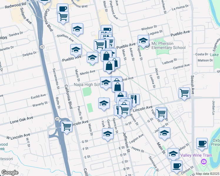 map of restaurants, bars, coffee shops, grocery stores, and more near 2475 Jefferson Street in Napa