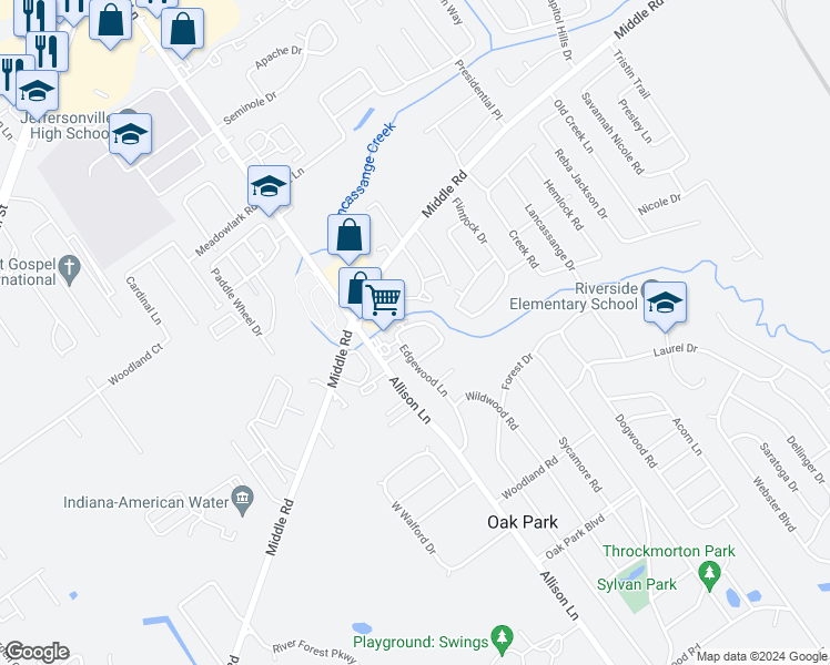 map of restaurants, bars, coffee shops, grocery stores, and more near 227 Portage Trail in Jeffersonville