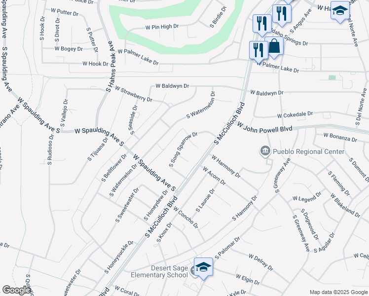 map of restaurants, bars, coffee shops, grocery stores, and more near 664 S Song Sparrow Dr in Pueblo