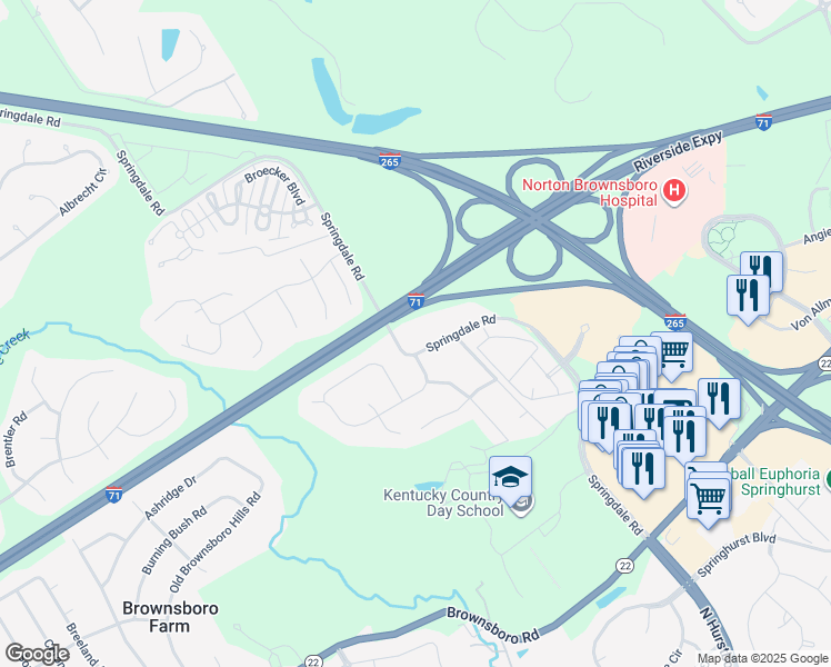map of restaurants, bars, coffee shops, grocery stores, and more near 4501 Springdale Road in Louisville