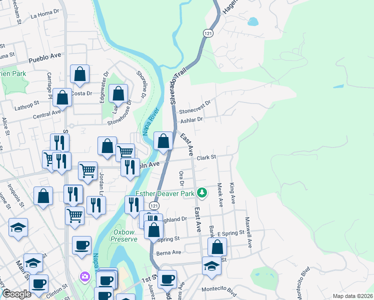 map of restaurants, bars, coffee shops, grocery stores, and more near 1023 Alabama Street in Napa