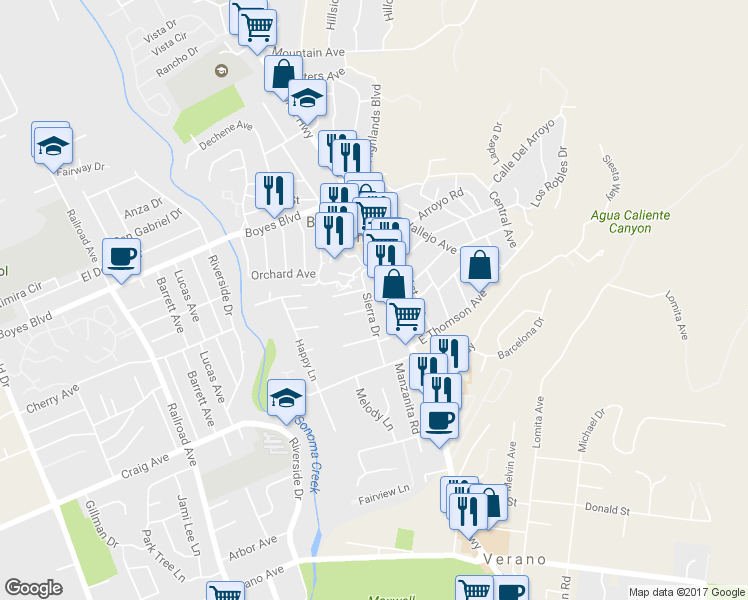 map of restaurants, bars, coffee shops, grocery stores, and more near 18349 Sierra Drive in Sonoma