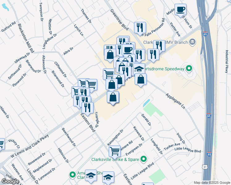 map of restaurants, bars, coffee shops, grocery stores, and more near 600 E Lewis and Clark Pkwy in Clarksville