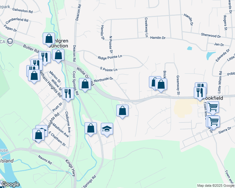 map of restaurants, bars, coffee shops, grocery stores, and more near 183 White Oak Road in Fredericksburg
