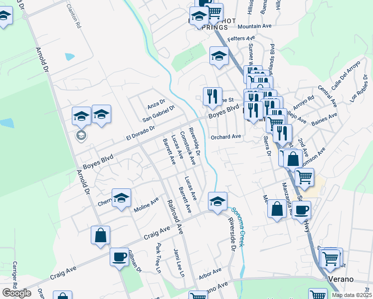 map of restaurants, bars, coffee shops, grocery stores, and more near 18090 Comstock Avenue in Sonoma