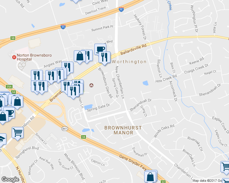map of restaurants, bars, coffee shops, grocery stores, and more near 10111 Spring Gate Drive in Louisville