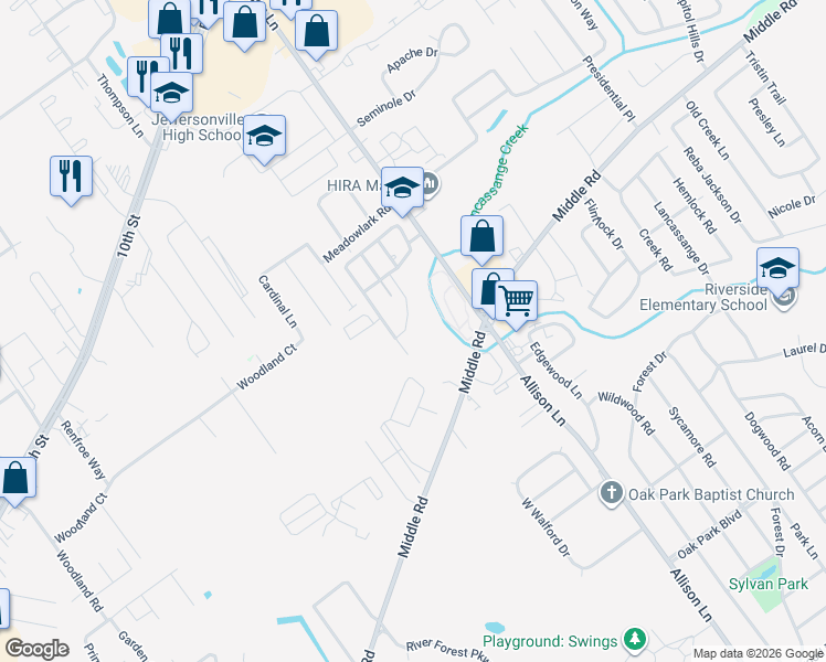 map of restaurants, bars, coffee shops, grocery stores, and more near 2099 Steamboat Way in Jeffersonville