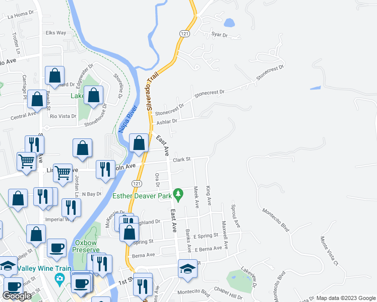 map of restaurants, bars, coffee shops, grocery stores, and more near 1042 Clark Street in Napa