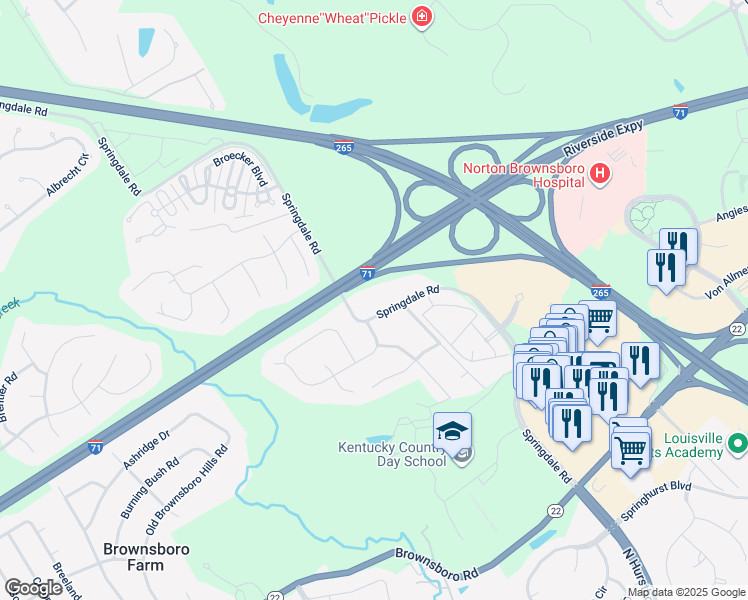 map of restaurants, bars, coffee shops, grocery stores, and more near 4501 Springdale Road in Louisville